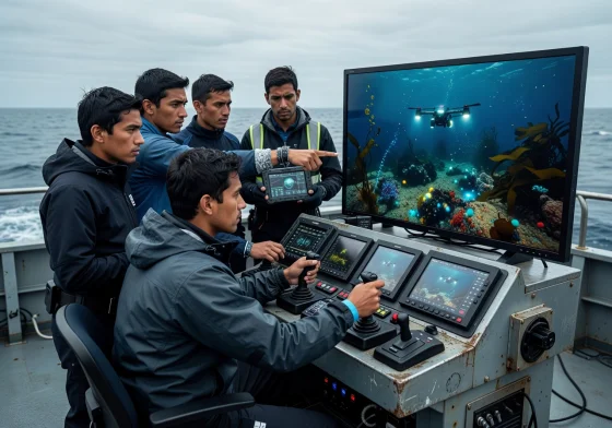 tulinexira.ink operations team monitoring live underwater drone feed from a mobile control station on a research vessel