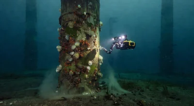 Underwater drone inspecting monopile foundations of offshore wind turbines for structural integrity assessment