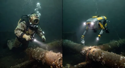 Split view comparing traditional commercial diver inspecting a pipe to an ROV drone performing the same task safely