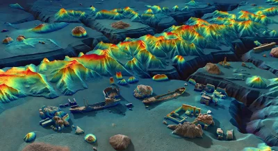 High-resolution 3D sonar map of a seafloor terrain showing geological features and submerged structures