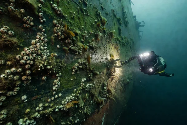 Underwater drone documenting biofouling density on a Very Large Crude Carrier hull at anchorage for cleaning optimization