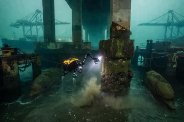 ROV drone surveying bridge pilings and harbor infrastructure beneath the waterline at a major commercial port