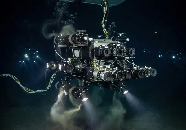 Deep Explorer X1 ROV — flagship underwater inspection drone with 8 thrusters, 4K cameras, and multibeam sonar array shown in operational configuration