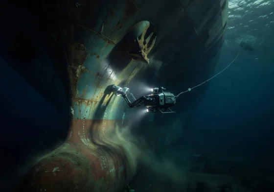 Underwater drone performing close-range visual and ultrasonic hull inspection on a commercial vessel