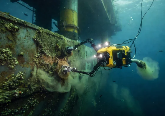 ROV drone equipped with cleaning attachments performing underwater hull maintenance on submerged infrastructure