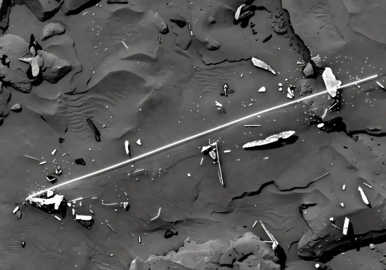 Side-scan sonar display showing detected submarine pipeline and seafloor debris field mapping results