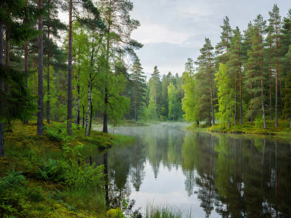 Vihrea suomalainen metsamaisema jarven aarella